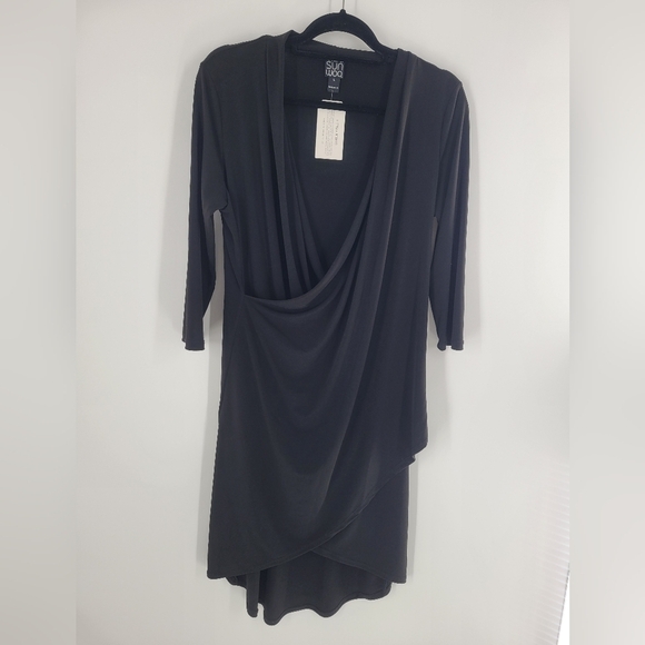 Clara Sun Woo Dresses & Skirts - Clara Sun Woo Women’s Faux Wrap Dress Size L Black 3/4 Sleeve Stretch